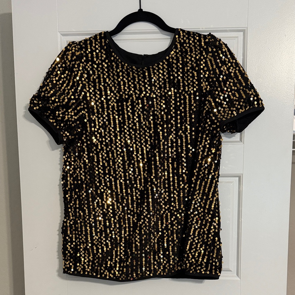 SHEIN Black and Gold Sequin Short Sleeve Tee